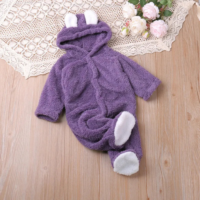 Stylish baby romper in soft cotton, featuring an embroidered cartoon and a warm hood