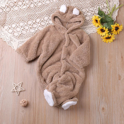 Soft cotton baby jumpsuit with cartoon embroidery and an attached hood for warmth