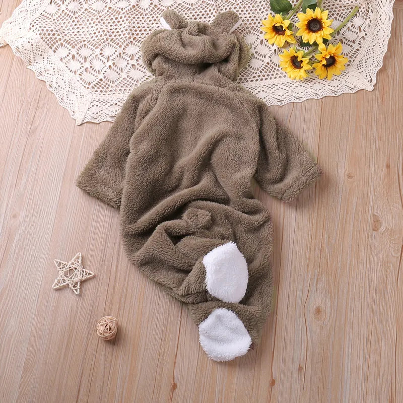 Unisex baby clothes: hooded jumpsuit with whimsical cartoon embroidery, 100% cotton
