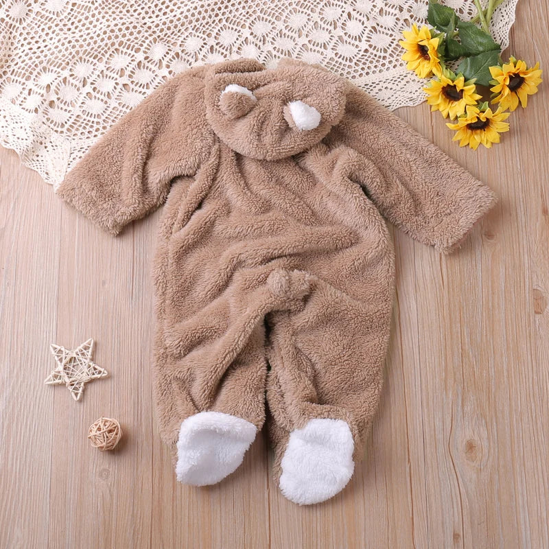 Cotton hooded baby jumpsuit with intricate cartoon embroidery, perfect for everyday wear