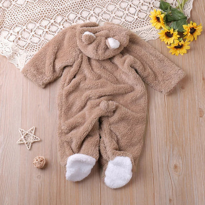 Cotton hooded baby jumpsuit with intricate cartoon embroidery, perfect for everyday wear
