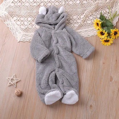 Infant hooded playsuit with a cute embroidered cartoon, offering snug comfort