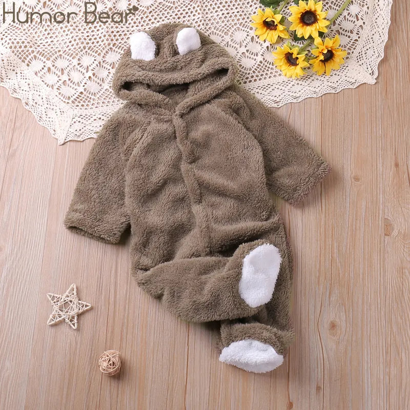 Cute infant playsuit with embroidered cartoon animal and hood, perfect for newborns