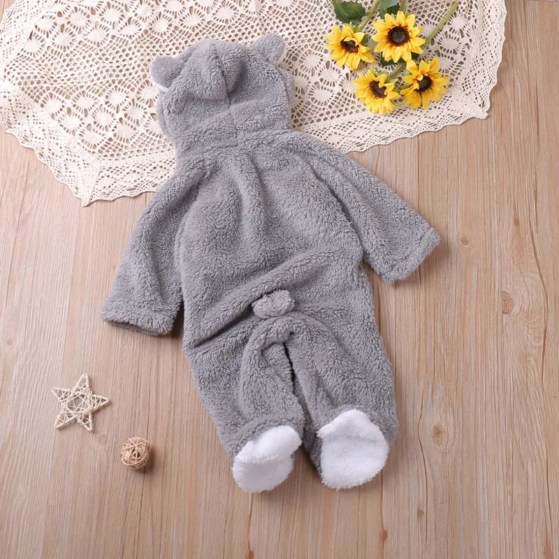 Baby outfit: unisex hooded jumpsuit with vibrant cartoon embroidery, easy to wear