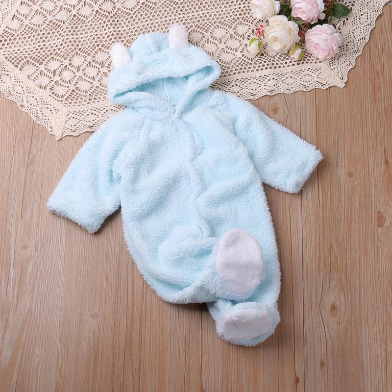 Charming baby jumpsuit with an embroidered cartoon, hood, and soft cotton fabric