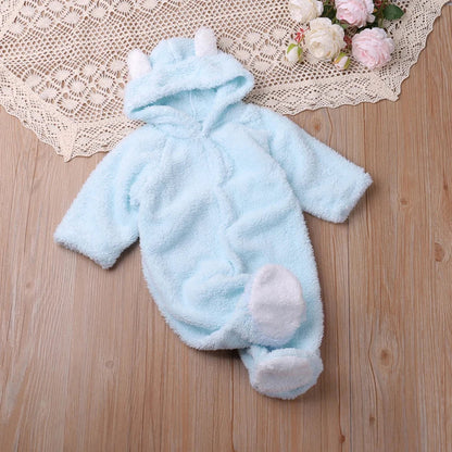 Charming baby jumpsuit with an embroidered cartoon, hood, and soft cotton fabric