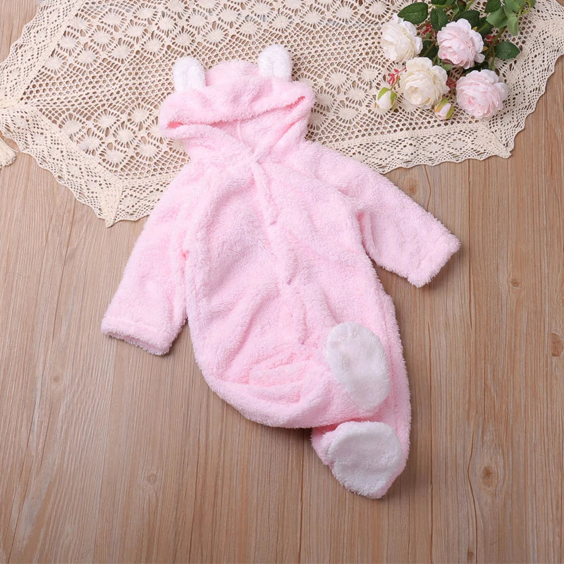 Unisex hooded baby romper, featuring detailed cartoon embroidery for a fun look