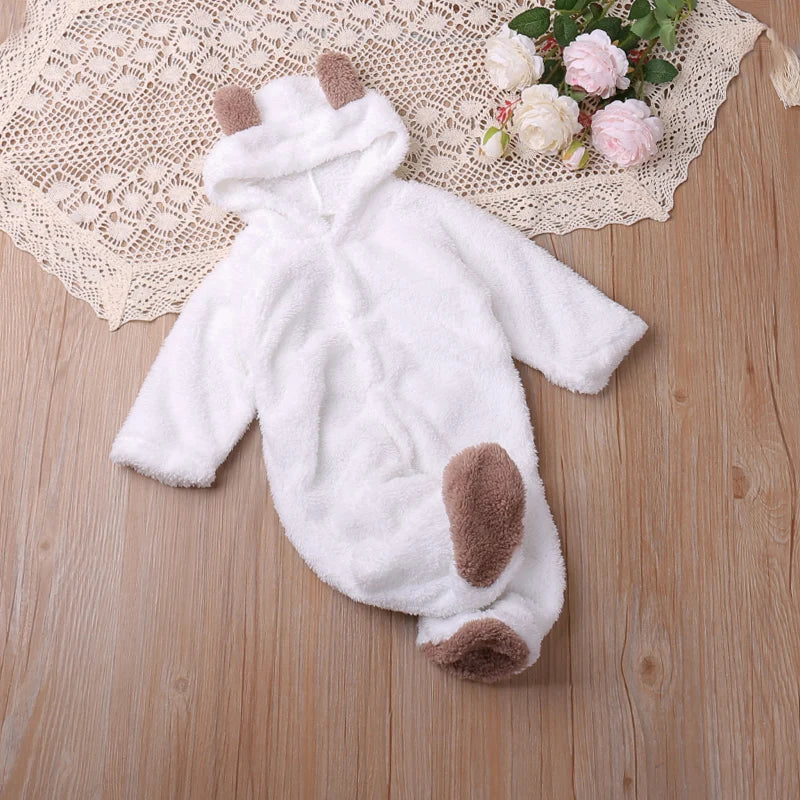 Cozy newborn hooded jumpsuit with an embroidered cartoon, great for chilly days