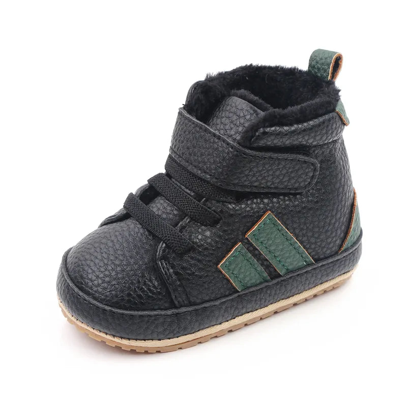 Black unisex baby first walker ankle boots, soft sole & ankle support, toddler footwear