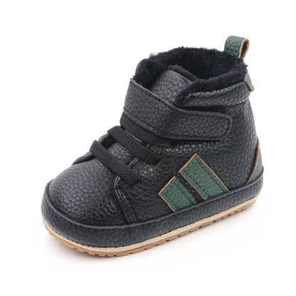 Black unisex baby first walker ankle boots, soft sole & ankle support, toddler footwear