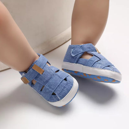 Unisex baby first walker canvas shoes, soft sole, anti-slip, hook & loop closure in navy blue.