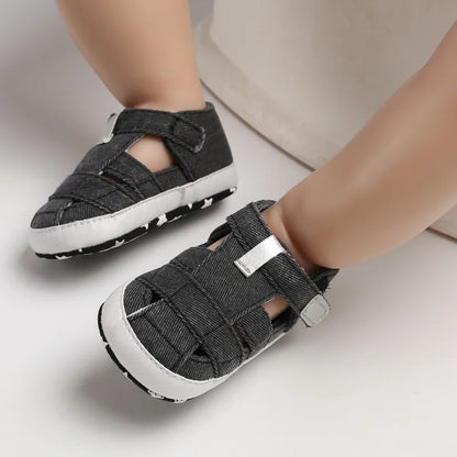 Variety of colorful canvas first walker shoes for babies, soft sole, anti-slip features.