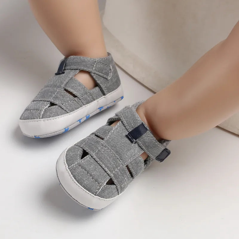 Infant footwear: Navy canvas first walker shoes with secure hook & loop closure, anti-slip.