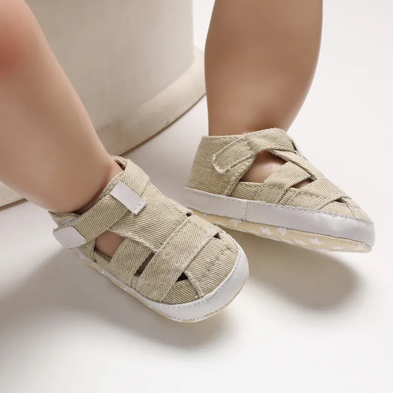 First steps collection: Green canvas first walker shoes, soft sole, hook & loop toddler footwear.