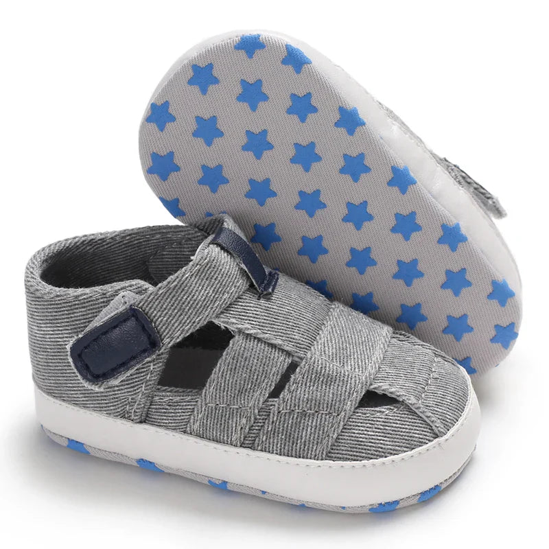 Two pairs of unisex canvas baby first walker shoes, soft sole, anti-slip, in blue and pink.
