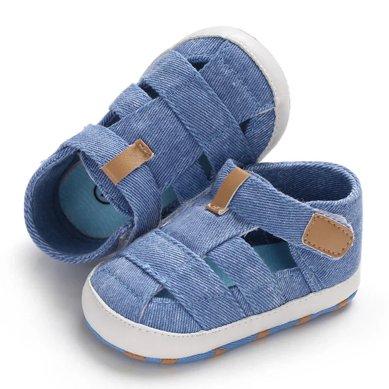 Pink baby first walker canvas shoes with easy hook & loop closure, soft sole, anti-slip design.