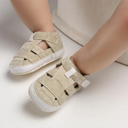 Light blue unisex baby canvas first walkers, anti-slip sole, hook & loop for easy wear.