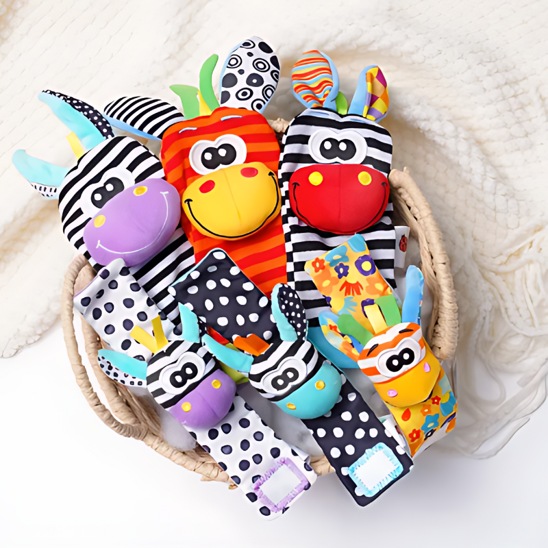 Unisex baby hand and foot rattle set with colorful fabric and crinkle textures, perfect for infant sensory play.