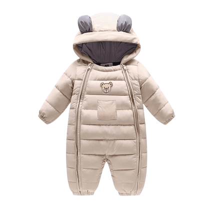 Unisex baby hooded parka jumpsuit with cute bear ears, cozy cotton blend for infants