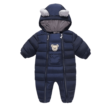 Baby clothes: unisex hooded bear parka jumpsuit in soft cotton blend, ideal for cold weather