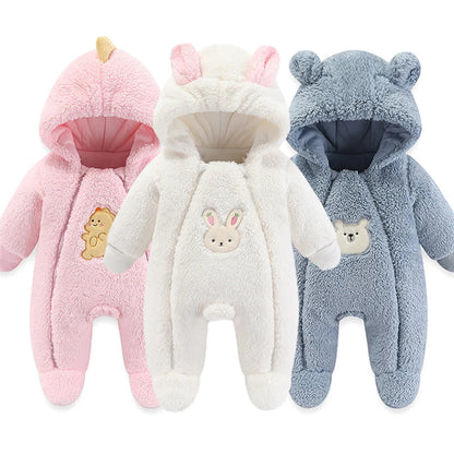 Detail of fuzzy hood and cartoon ears on a winter baby romper