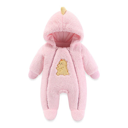 Unisex hooded newborn romper in a vibrant cartoon style, soft and warm
