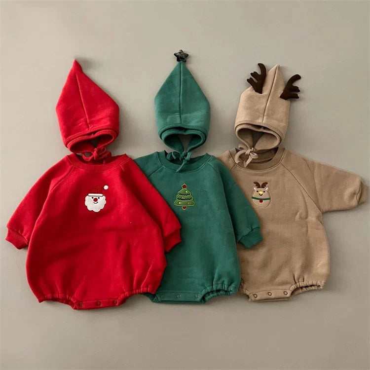 Unisex baby in red Santa romper and hat, cozy cotton Christmas outfit for infants.