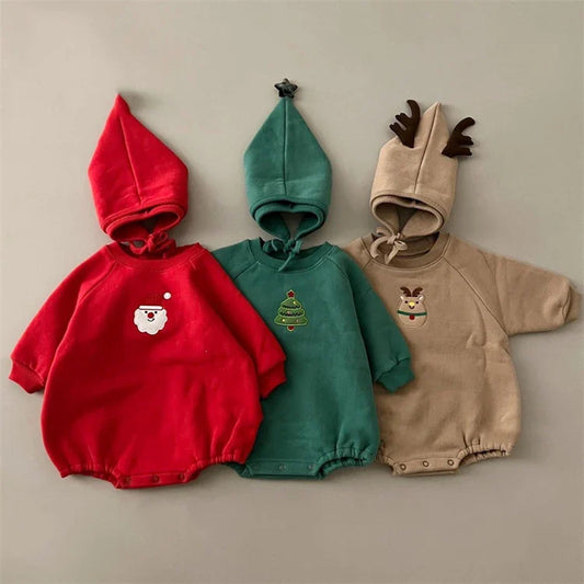 Unisex baby in red Santa romper and hat, cozy cotton Christmas outfit for infants.