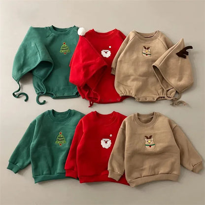Unisex baby Christmas Santa romper and hat displayed, highlighting the complete festive look.
