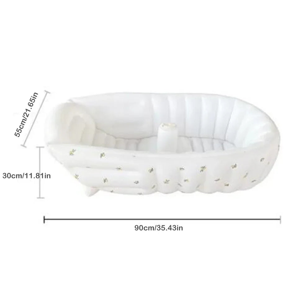 Baby enjoying bath time in a spacious inflatable animal bathtub, ideal for home or travel
