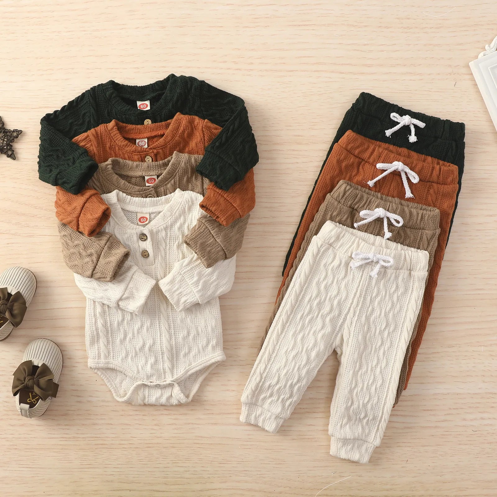 Unisex baby knit jacket & pants set, baseball collar, soft, warm winter outfit for toddlers