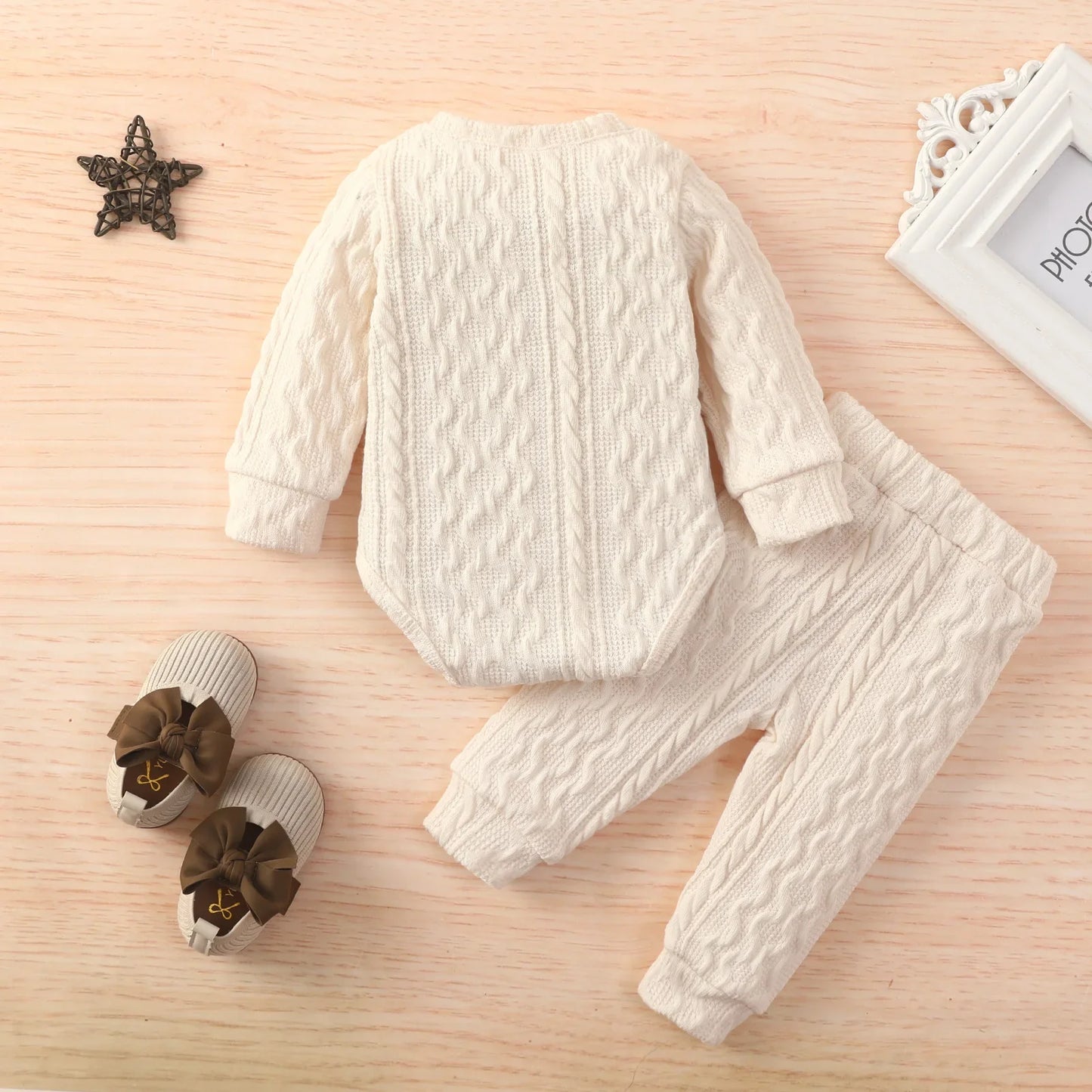 Cute baby unisex knit outfit set with baseball collar, perfect for winter, includes jacket and pants