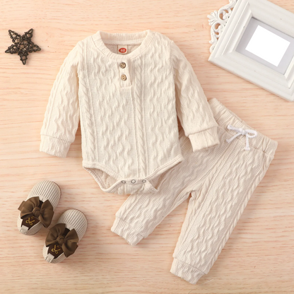 Soft knit baby outfit for winter, unisex jacket with baseball collar and practical baby pants