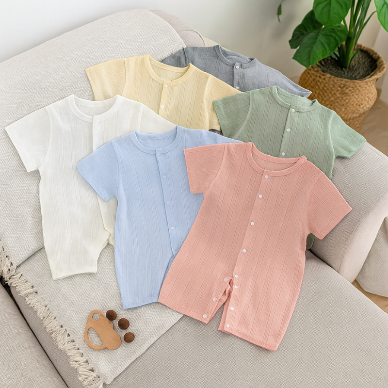 Unisex baby knit romper, soft breathable cotton jumpsuit for infants, newborn outfit.