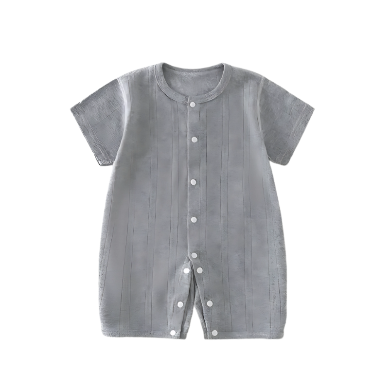 Full view of a unisex baby knit romper, comfortable cotton jumpsuit, perfect newborn outfit and gift.