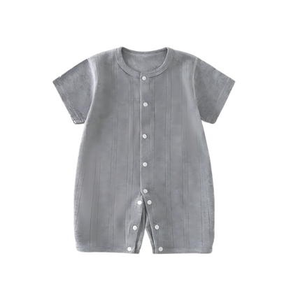 Full view of a unisex baby knit romper, comfortable cotton jumpsuit, perfect newborn outfit and gift.