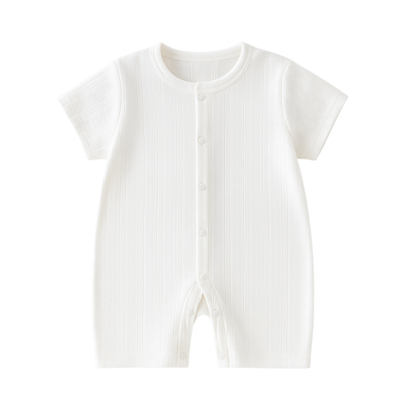 Smiling baby wearing a soft cotton knit romper, unisex design, breathable and cozy infant jumpsuit.