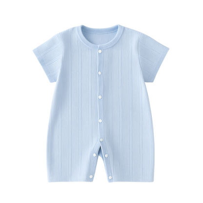 Unisex baby knit romper in a neutral color, high-quality breathable cotton for comfortable infant wear.