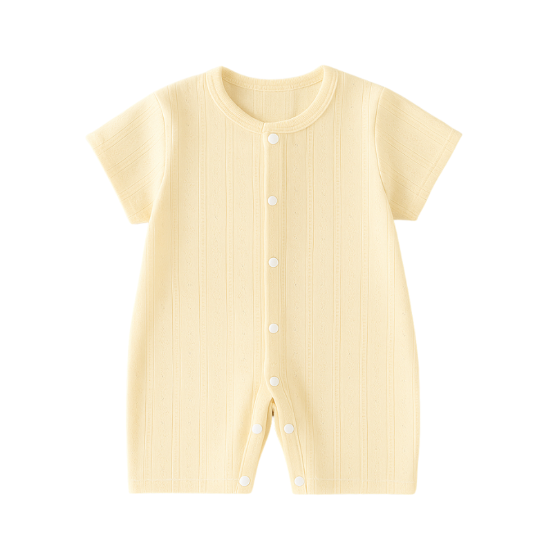 Folded unisex baby knit romper, showcasing the soft cotton fabric and jumpsuit design, ideal baby gift.