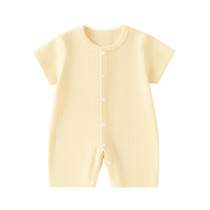 Folded unisex baby knit romper, showcasing the soft cotton fabric and jumpsuit design, ideal baby gift.