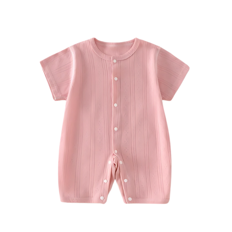 Back view of a breathable cotton knit baby romper, unisex design, comfortable infant jumpsuit.