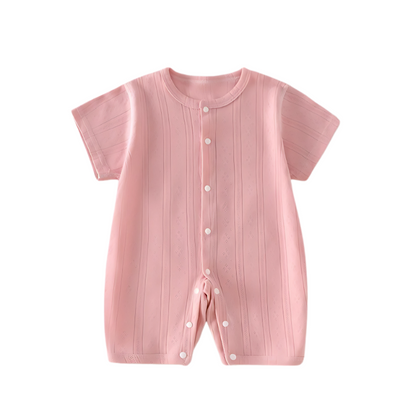 Back view of a breathable cotton knit baby romper, unisex design, comfortable infant jumpsuit.