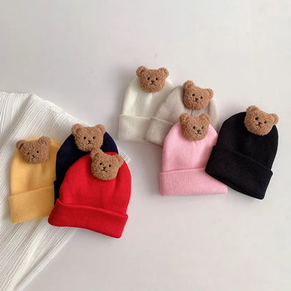 Cute knitted bear beanie hat for baby, neutral color, ideal for cold weather