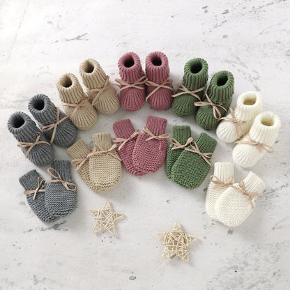 Unisex baby knitted boots and mittens set, white soft knit, infant comfort, anti-slip booties