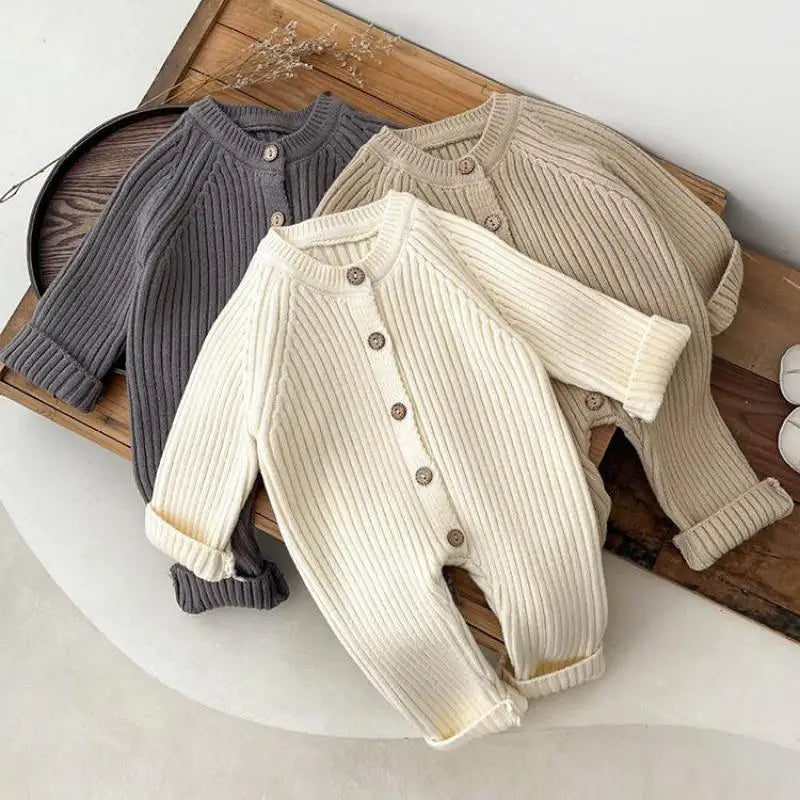 Unisex baby knitted romper in cozy cotton blend, long sleeve for winter warmth