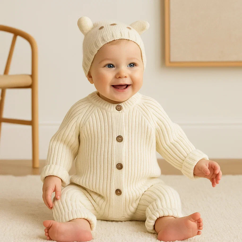 Baby modeling a comfortable long-sleeve knitted cotton romper, ideal for everyday use