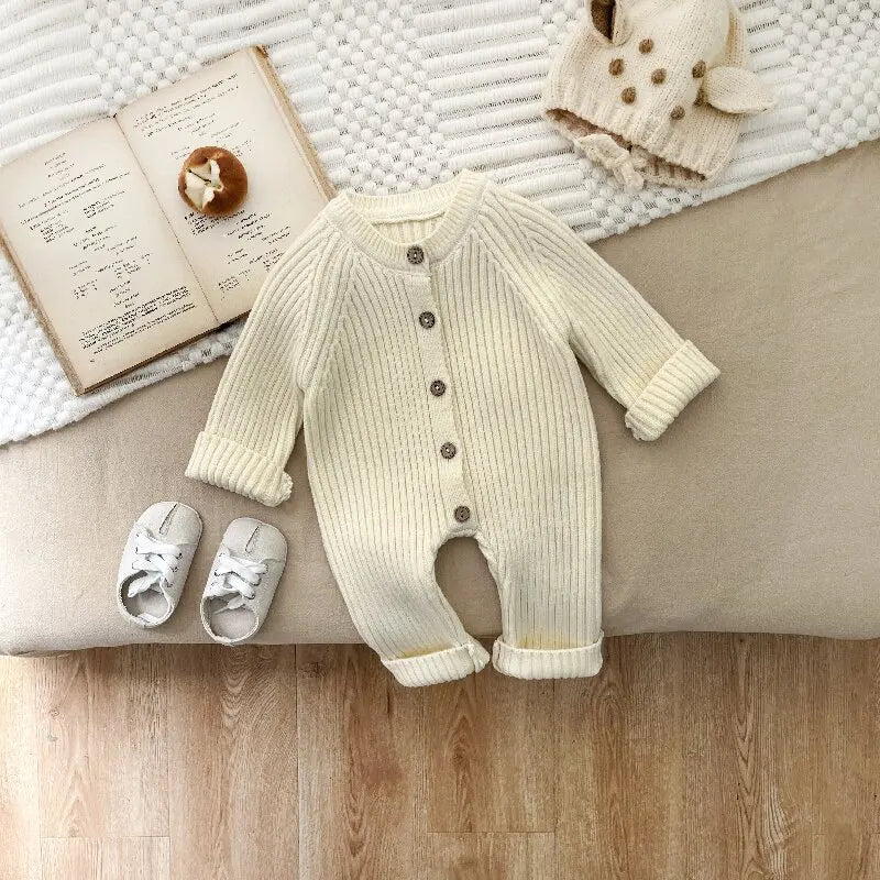 Cotton blend knitted romper for baby, designed for warmth and comfort during winter