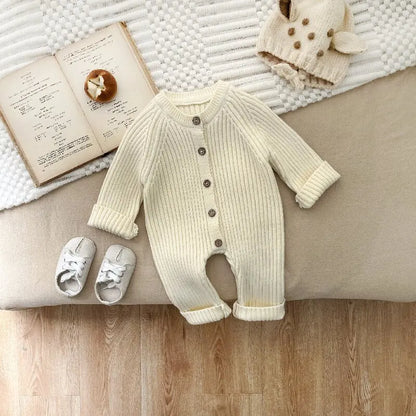 Cotton blend knitted romper for baby, designed for warmth and comfort during winter