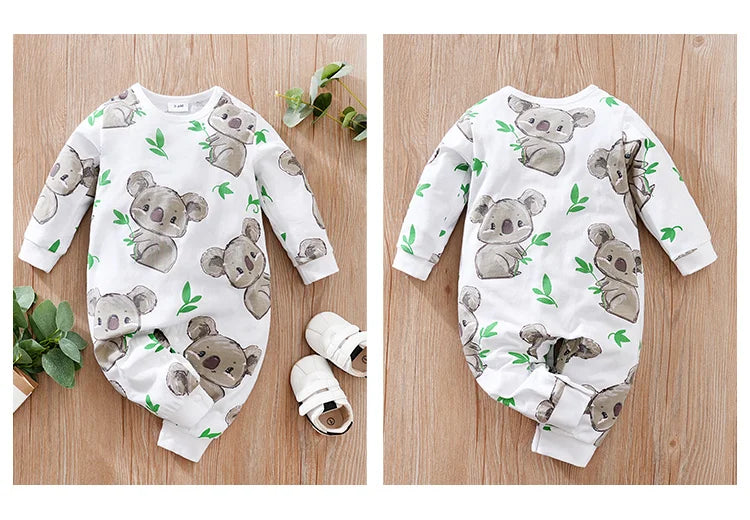Collection of unisex baby koala cartoon cotton bodysuits in various sizes, baby clothes