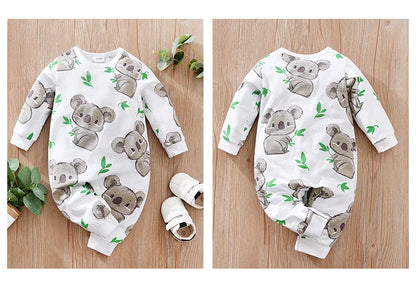 Collection of unisex baby koala cartoon cotton bodysuits in various sizes, baby clothes